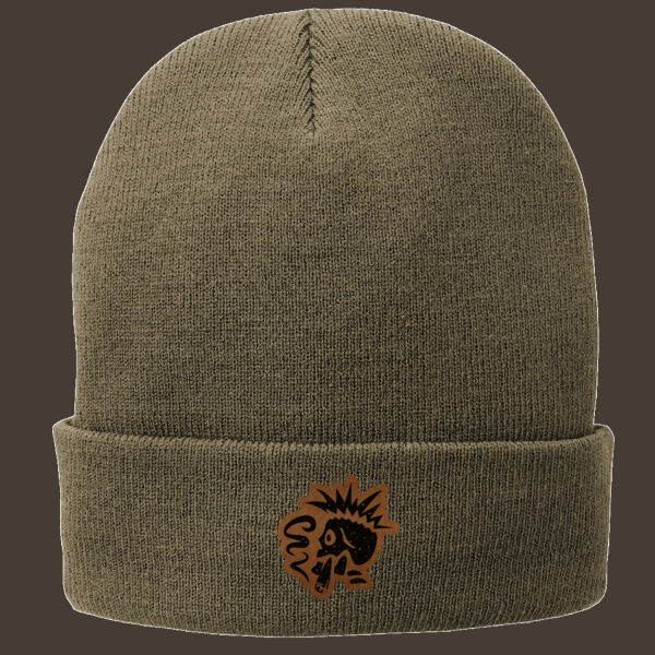 Fleece Lined Knit Cap w/Brown Leather Patch Thumbnail