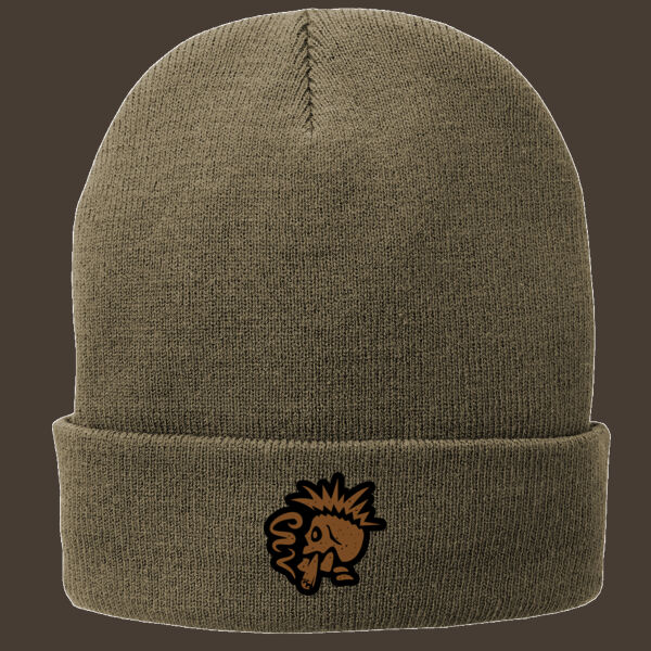 Fleece Lined Knit Cap w/Brown Reverse Leather Patch Thumbnail