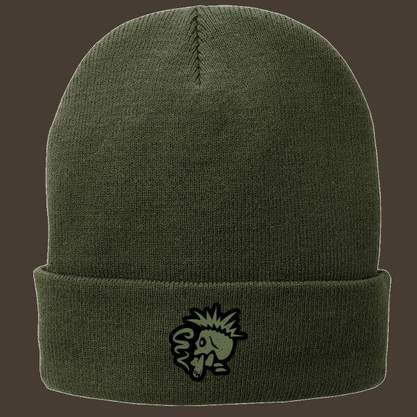 Fleece Lined Knit Cap w/Green Reverse Leather Patch Thumbnail