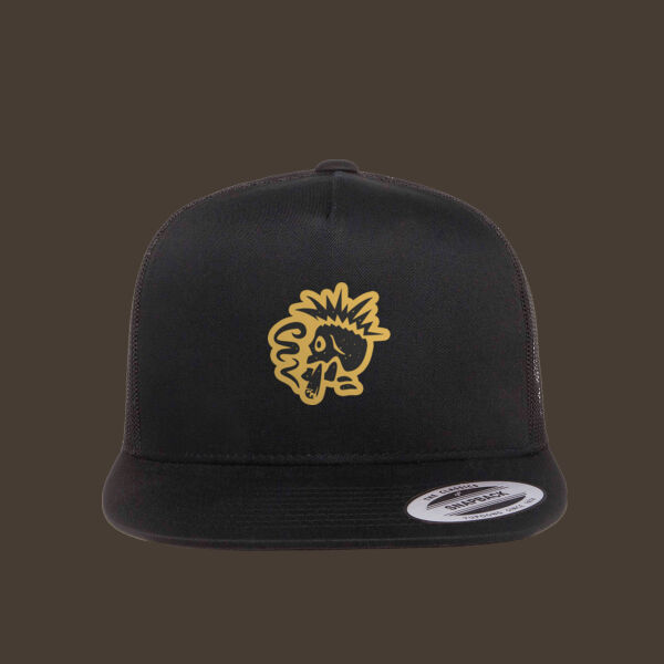 Flat Bill Trucker Cap w/Gold Reverse Leather Patch Thumbnail