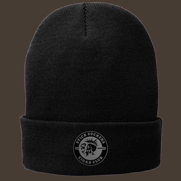 Fleece Lined Knit Cap w/Gray Leather Patch Thumbnail
