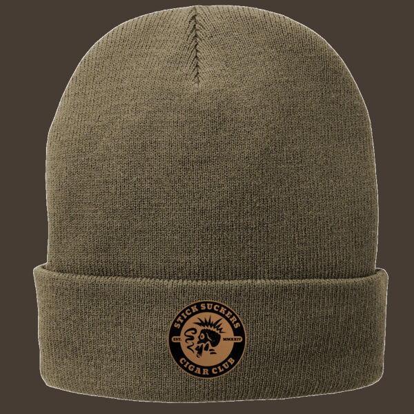 Fleece Lined Knit Cap w/Brown Leather Patch Thumbnail