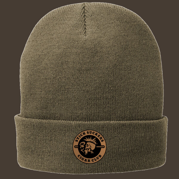 Fleece Lined Knit Cap w/Brown Reverse Leather Patch Thumbnail