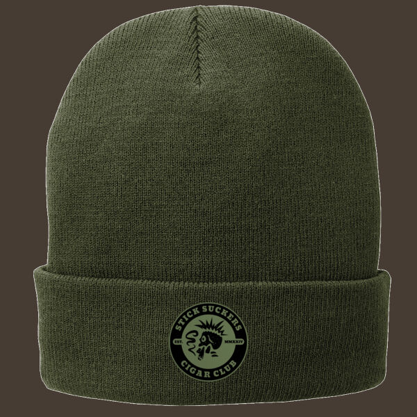 Fleece Lined Knit Cap w/Green Leather Patch Thumbnail