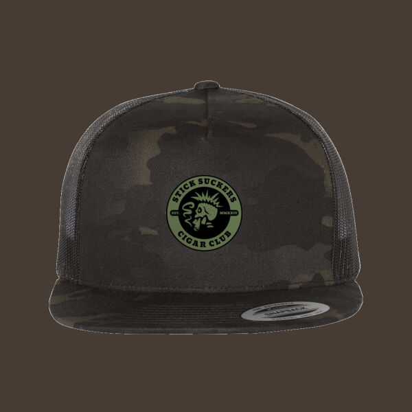 Flat Bill Trucker Cap w/Green Reverse Leather Patch Thumbnail