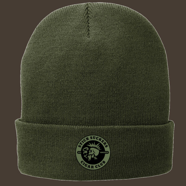 Fleece Lined Knit Cap w/Green Reverse Leather Patch Thumbnail