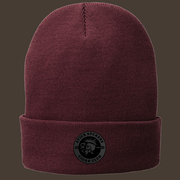 Fleece Lined Knit Cap w/Black Reverse Leather Patch Thumbnail