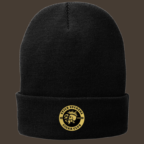 Fleece Lined Knit Cap w/Gold Leather Patch Thumbnail