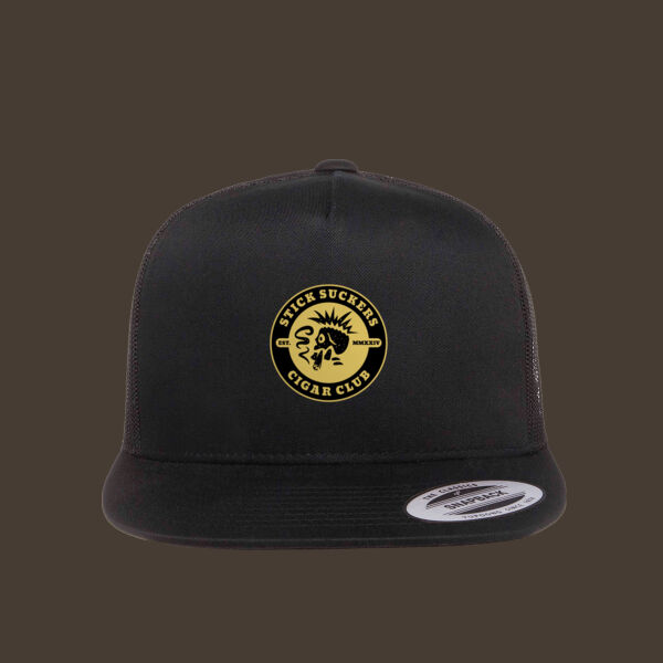Flat Bill Trucker Cap w/Gold Reverse Leather Patch Thumbnail