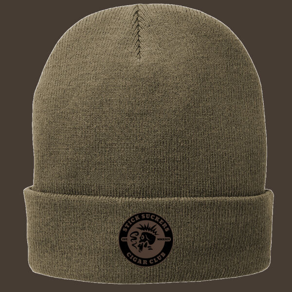 Fleece Lined Knit Cap w/Dark Brown Leather Patch Thumbnail