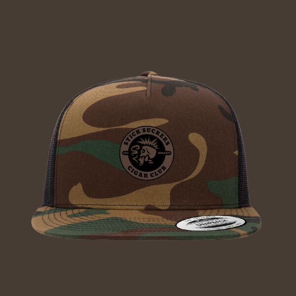 Flat Bill Trucker Cap w/Dark Brown Reverse Leather Patch Thumbnail