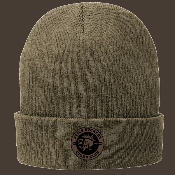 Fleece Lined Knit Cap w/Dark Brown Reverse Leather Patch Thumbnail