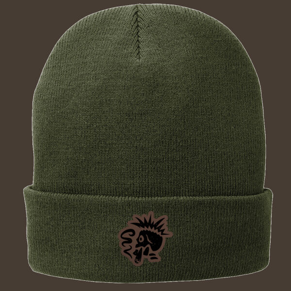 Fleece Lined Knit Cap w/Dark Brown Leather Patch Thumbnail